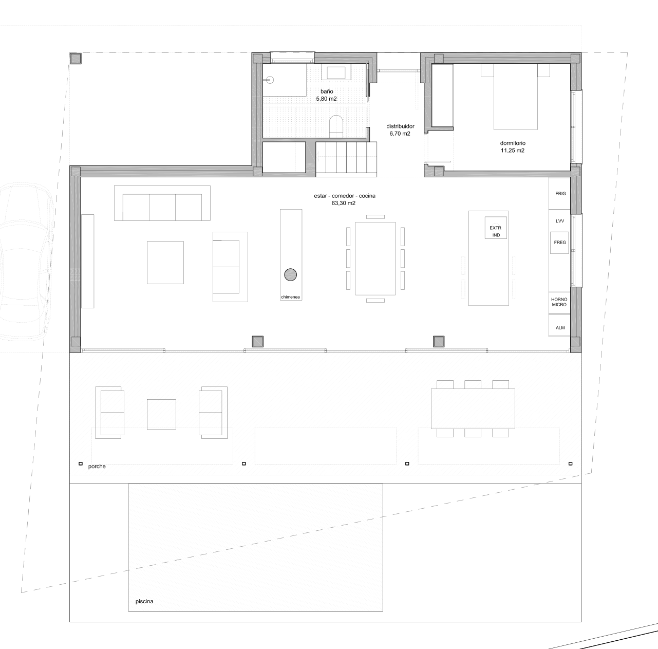 Plano de planta baja: estar-comedor-cocina, dormitorio, baño, porche y piscina